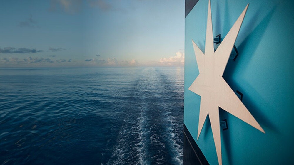 maersk logo on the ship in the ocean.