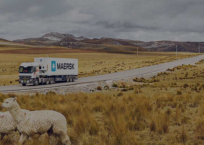 Maersk truck driving through grasslands of Peru. Landscape. Nature, scenery.