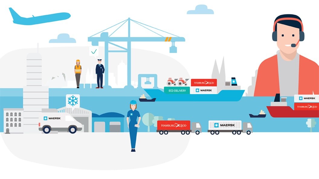 Maersk supply chain illustration with trucks and shipping terminals