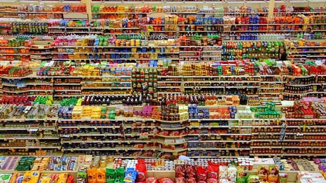 FMCG products displayed on supermarket shelves.