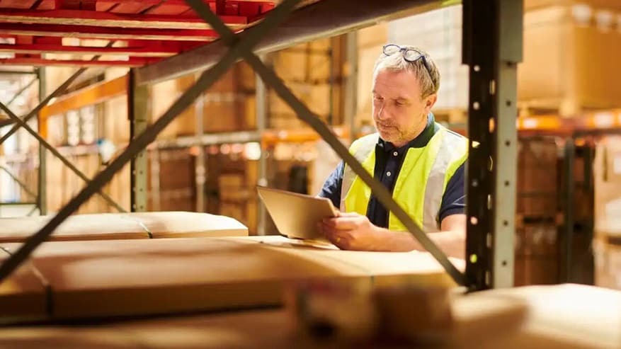 A man in a safety vest standing in a warehouse reviewing a stock sheet.