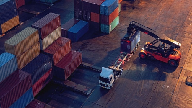 An aerial view of a shipping container terminal