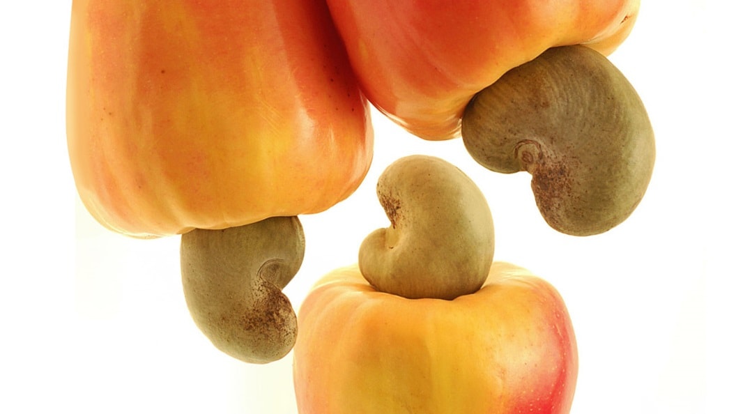 A cluster of raw cashew nuts.