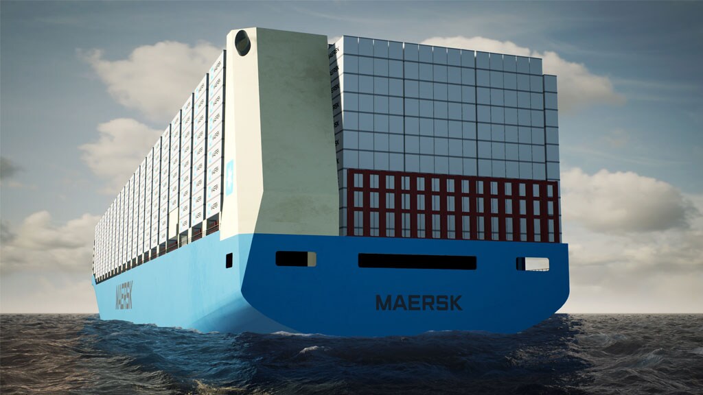 Maersk shipping vessel carrying containers on ocean