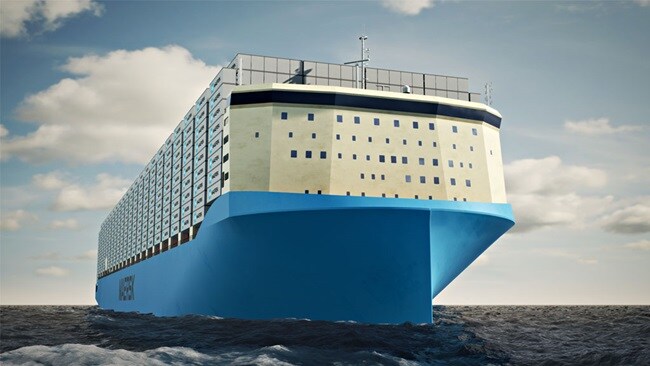 Maersk shipping vessel carrying containers on ocean