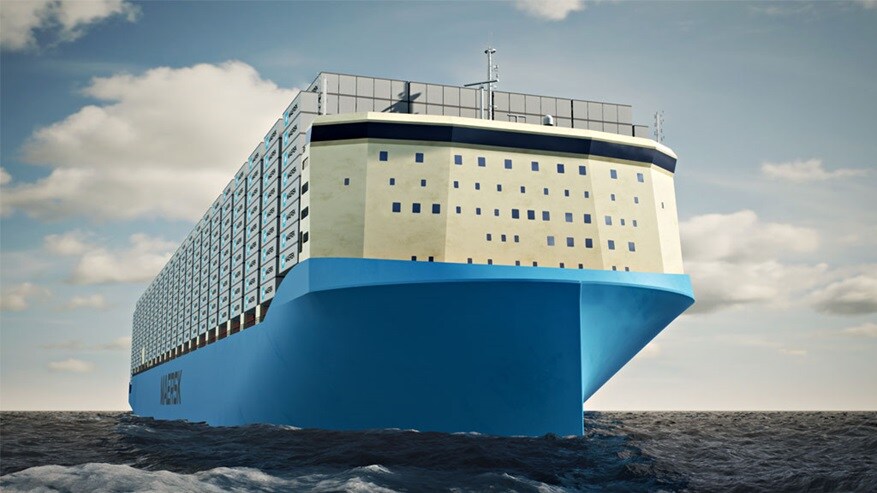 Maersk shipping vessel carrying containers on ocean