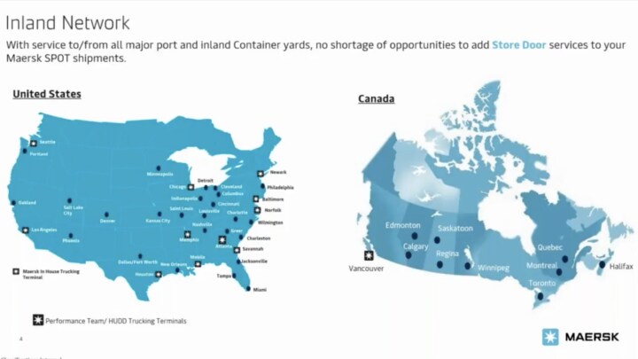 Maersk’s Inland Network showing its trucking terminals across US and Canada. 