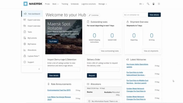 Maersk’s Hub Dashboard showing the Outstanding Tasks and Shipment Overview for the account.