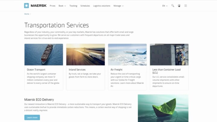 Screenshot showing Maersk’s Transportation Services page including services like Ocean Transport, Inland Services, Air Freight, and Less than Container Load (LCL).