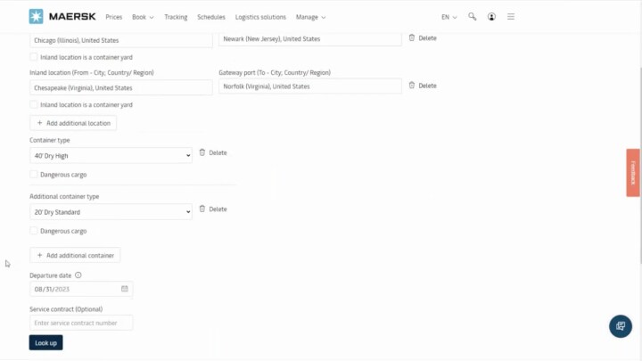 Web Interface for Maersk’s Inland Price Lookup tool. 