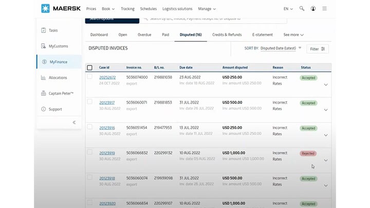 Disputed invoices section inside MyFinance platform