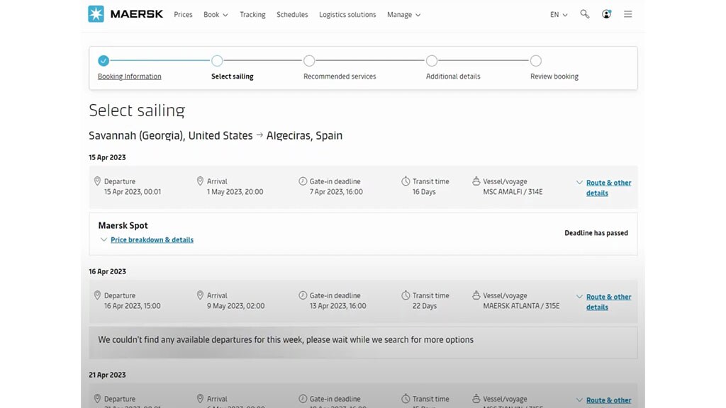 Maersk.com's Select Sailing tab under the Booking Details Dashboard. It shows arrival and departure times, gate-in deadline, transit time, and vessel/voyage details of different carriers.