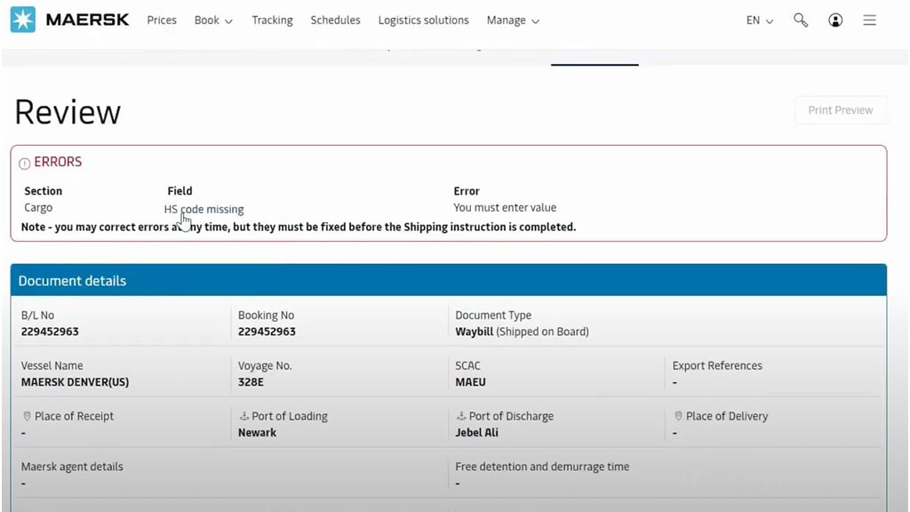 Review section, for a specific B/L, in the Shipping Instructions submit portal