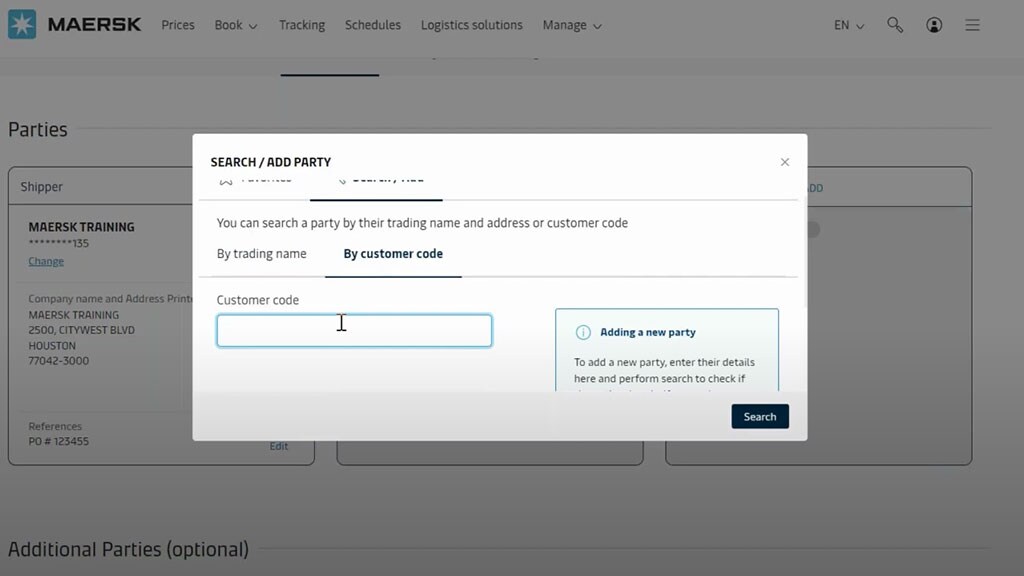 Parties section, for a specific B/L, in the Shipping Instructions submit portal