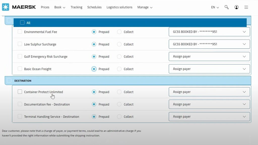 Payers section, for a specific B/L, in the Shipping Instructions submit portal