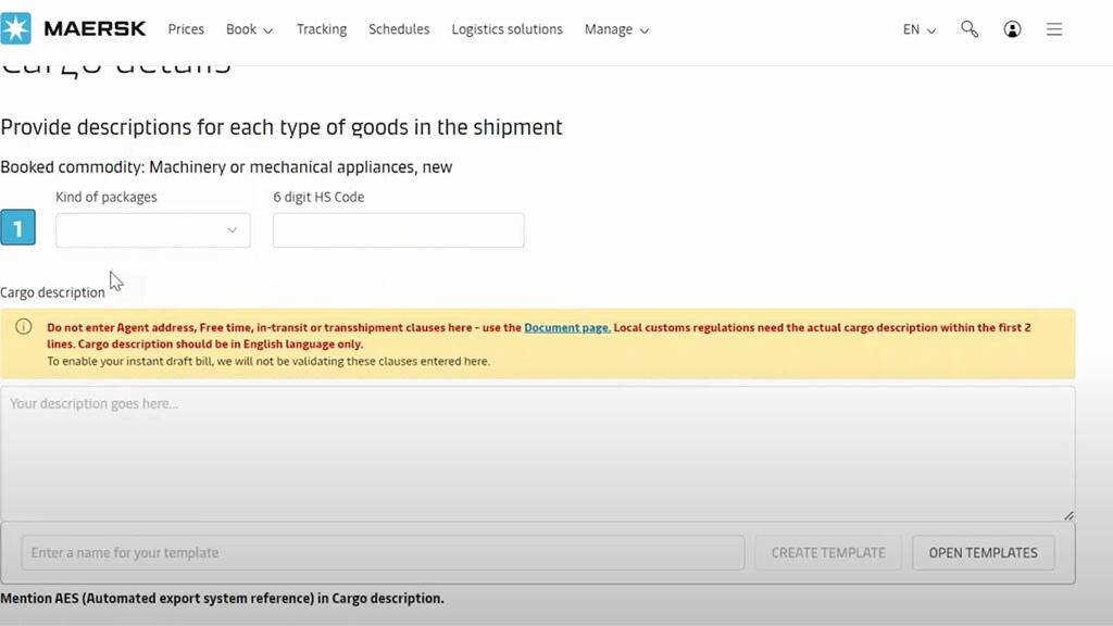 Cargo and VGM section, for a specific B/L, in the Shipping Instructions submit portal