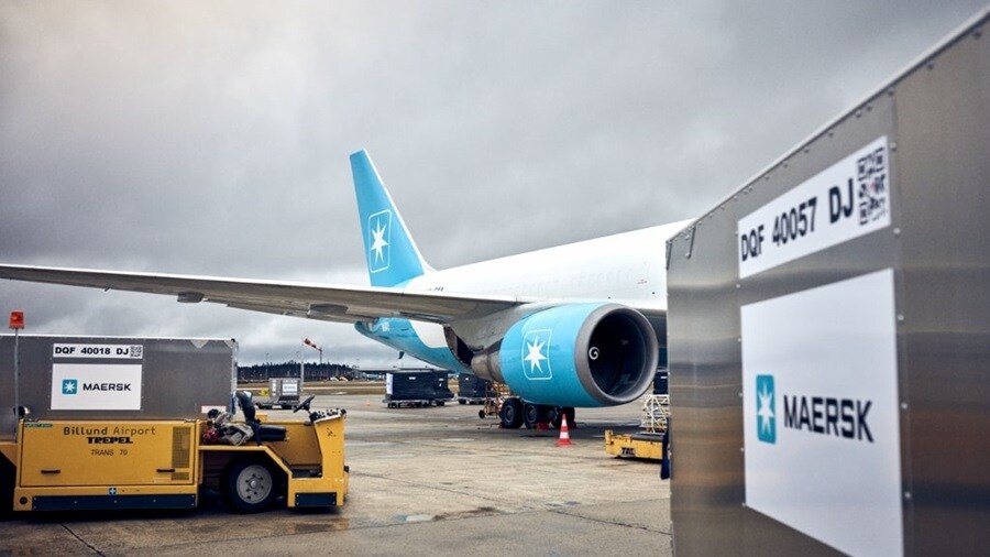 Shot of an engine from Maersk branded plane