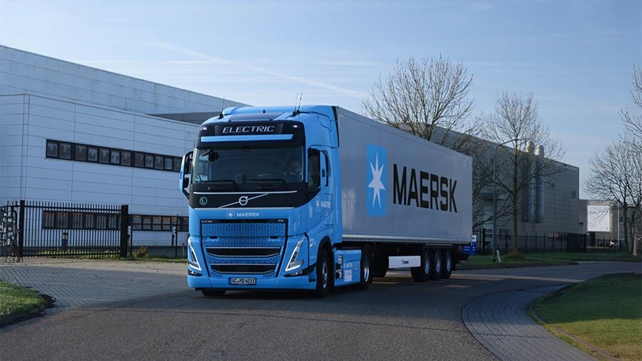 Maersk Volvo electric truck leaving a facility in Germany.