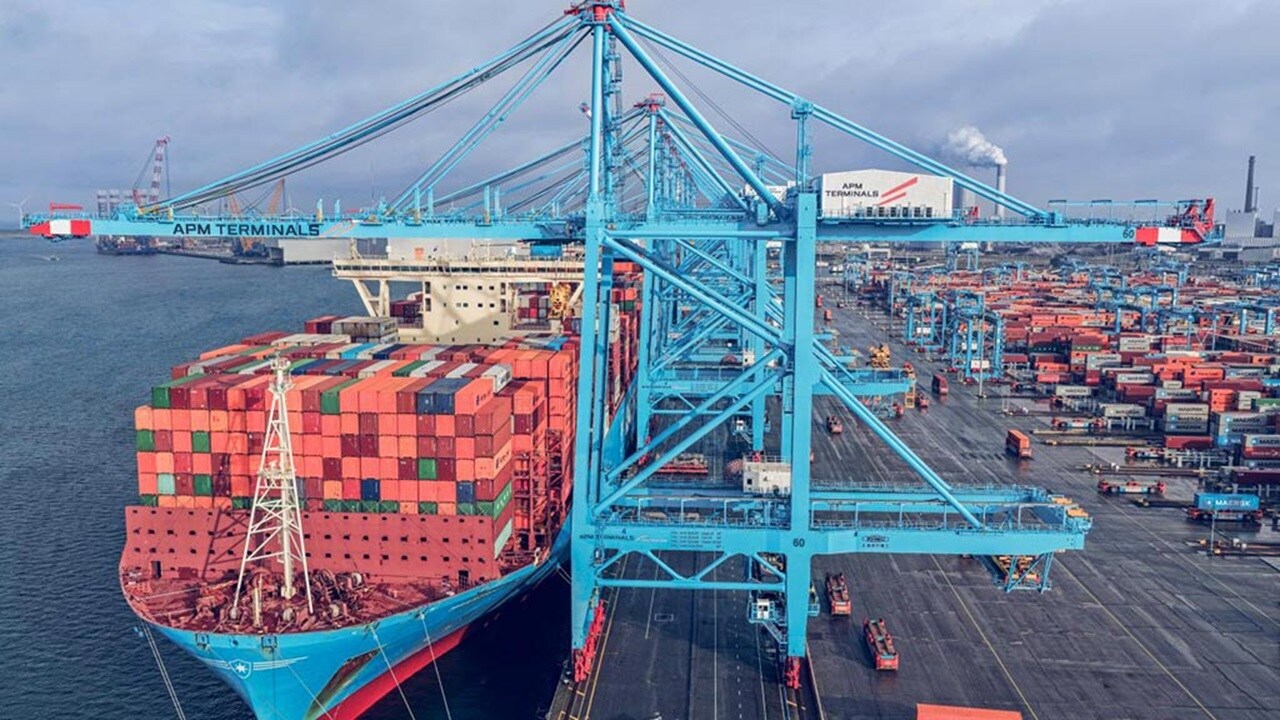 Maastrict Maersk docked at APM Terminals Maasvlakte II terminal in Rotterdam