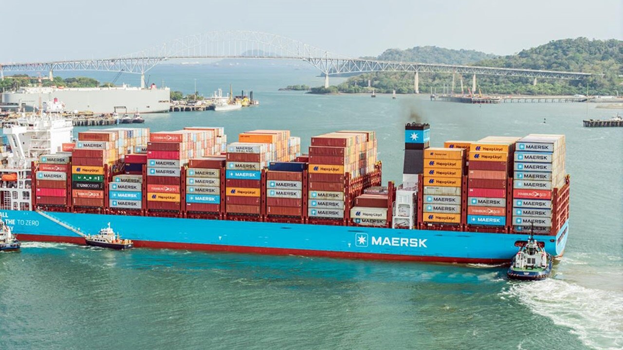 A Maersk container ship loaded with shipping containers.