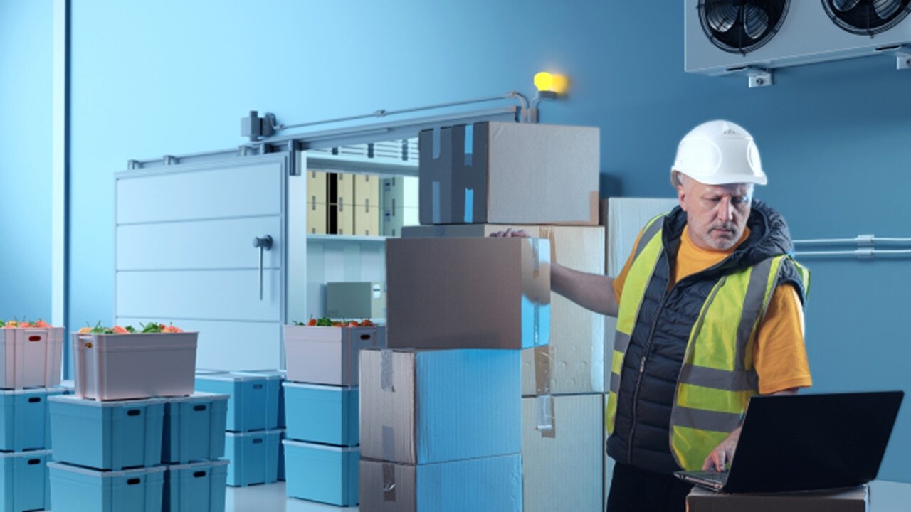 Warehouse worker in safety gear managing boxes in a temperature-controlled cold storage facility using a laptop