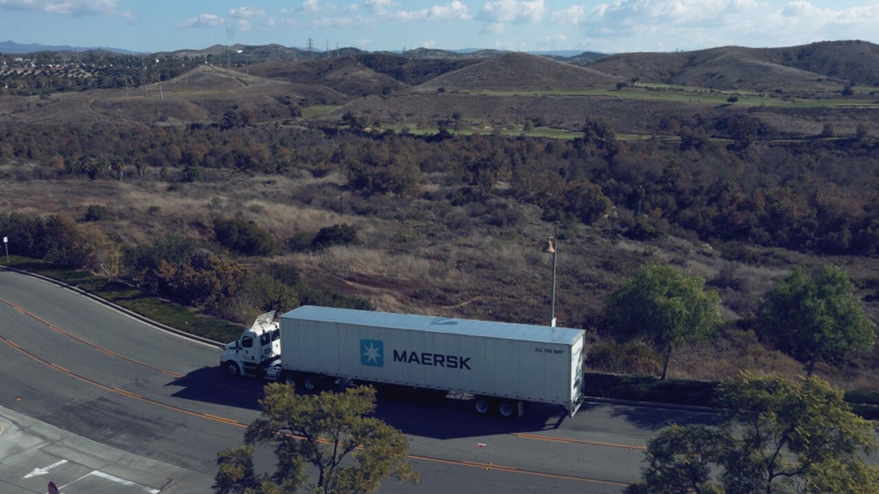 Aerial view of Maersk container truck.